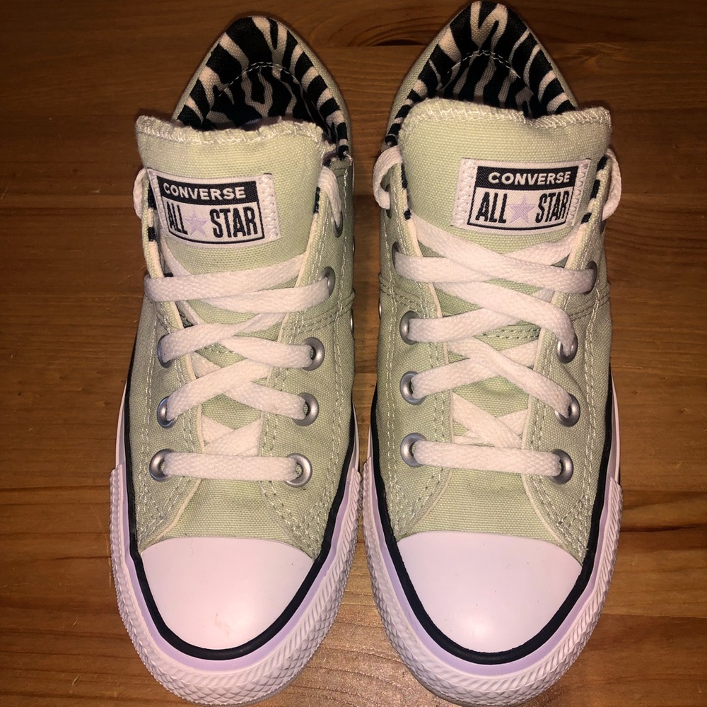 Green and purple with zebra print interior Converse Low Tops